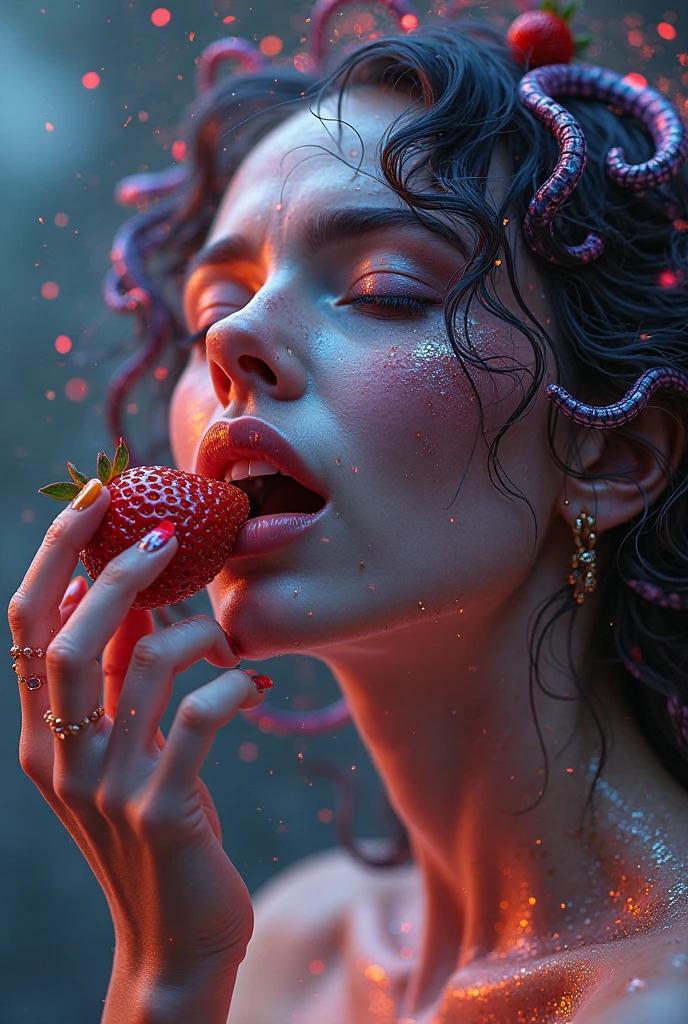 woman middle shot, splash of milk, thick fruits splash milk everywhere, vibrant photography style, african woman, (close mouth:1.1), explodes fruit and berries, powerful shot, cinematic, raw, 4k, colorful, chaotic, artwork, cover, cinematic background <lora:splashes_v.1.1:1>