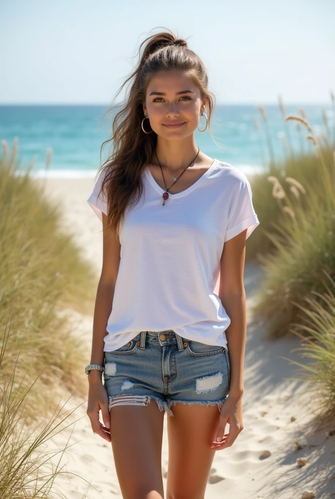 The clearest and most detailed drawing, young slender tall girl. She has tanned skin, red curly hair, Long legs, big bust, she smiles and waves her hand, The mouth is slightly open, Aries zodiac sign tattoo on thigh, wearing black short shorts and a white long sleeve shirt, she sits on a rock by the sea
