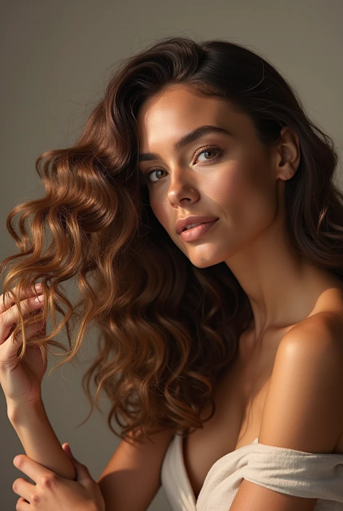 "Uma mulher confiante e estilosa, usando uma minissaia justa e uma blusa branca com um toque de decote, her long messy hair adding to her fascination. The scene is rendered in stunning 8k resolution with photorealistic detail and smooth shading, criando uma verdadeira obra-prima."