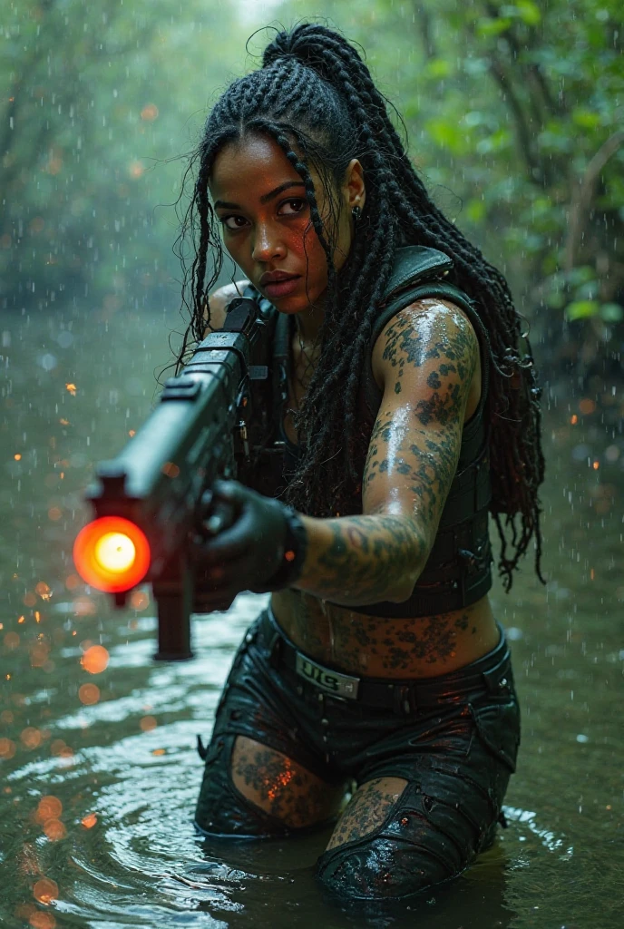 1girl, beautiful biracial woman with blue hair, blue eyes, extremely detailed full body, inside building covered by climbing plants, post-apocalyptic universe, survivor dirty clothes, large breasts, machete on back, crouching behind box and hiding, zombie infected by mushrooms behind, (best quality,4k,8k,highres,masterpiece:1.2),ultra-detailed,(realistic,photorealistic,photo-realistic:1.37),concept art,atmospheric lighting,cinematic composition,muted color palette,gritty and grim ambiance