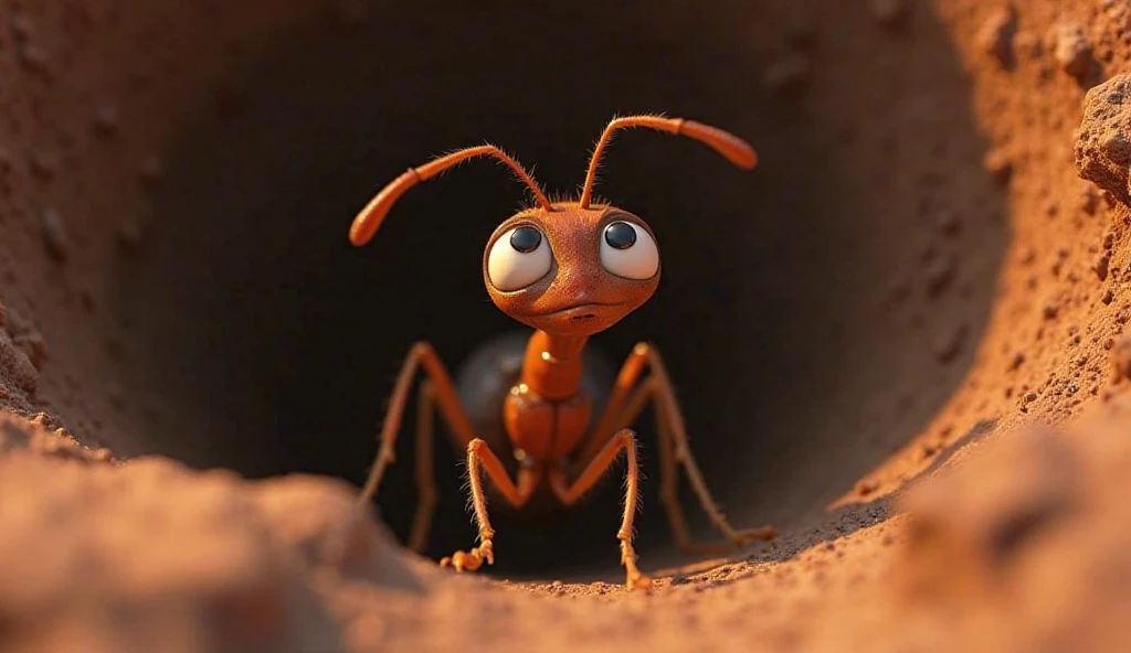 "From a crack in the ground, the ant watches the scene, its eyes narrowing with determination. 3D Pixar animated style 'heroic resolve' close-up - antennae stand straight, tiny fists clench. Dramatic underlighting casts heroic shadows."
Character Design :
Ant: Big black eyes, brown segmented body, delicate legs, expressive antennae