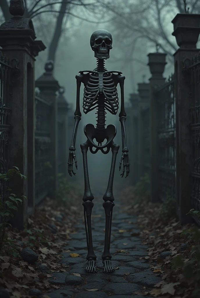 Create a terrifying skeleton in a dark, foggy graveyard at night. The skeleton has glowing red eyes, sharp teeth, and tattered clothing. Its bones are cracked and covered in dirt. Dim moonlight casts eerie shadows, enhancing the sense of dread and danger it emanates.