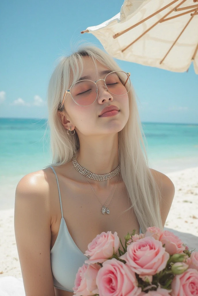 beautifull woman with long pink hair,windy hair, portrait photo, wearing, sunflower bikini, at MALDIVES beach, sitting in swing, snapchat photo style, instagram analog style, looking away, camera, skin texture, film grain, ultra high resolution, shadow best, RAW, Instagram LUT,long pink hair,windy hair, soft smile,wide angle shot,far away shot