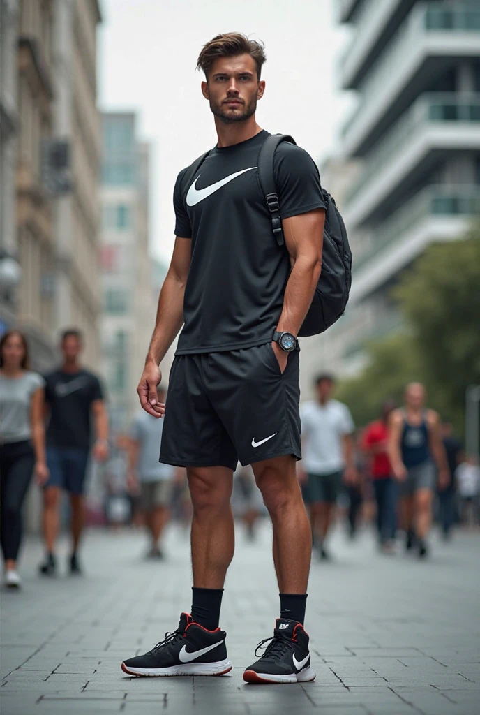Bombero gordo y calvo en uniforme usando tenis Nike de bota negros con blanco y calcetines oscuros. He is sitting on a bench. He is stepping on a flower