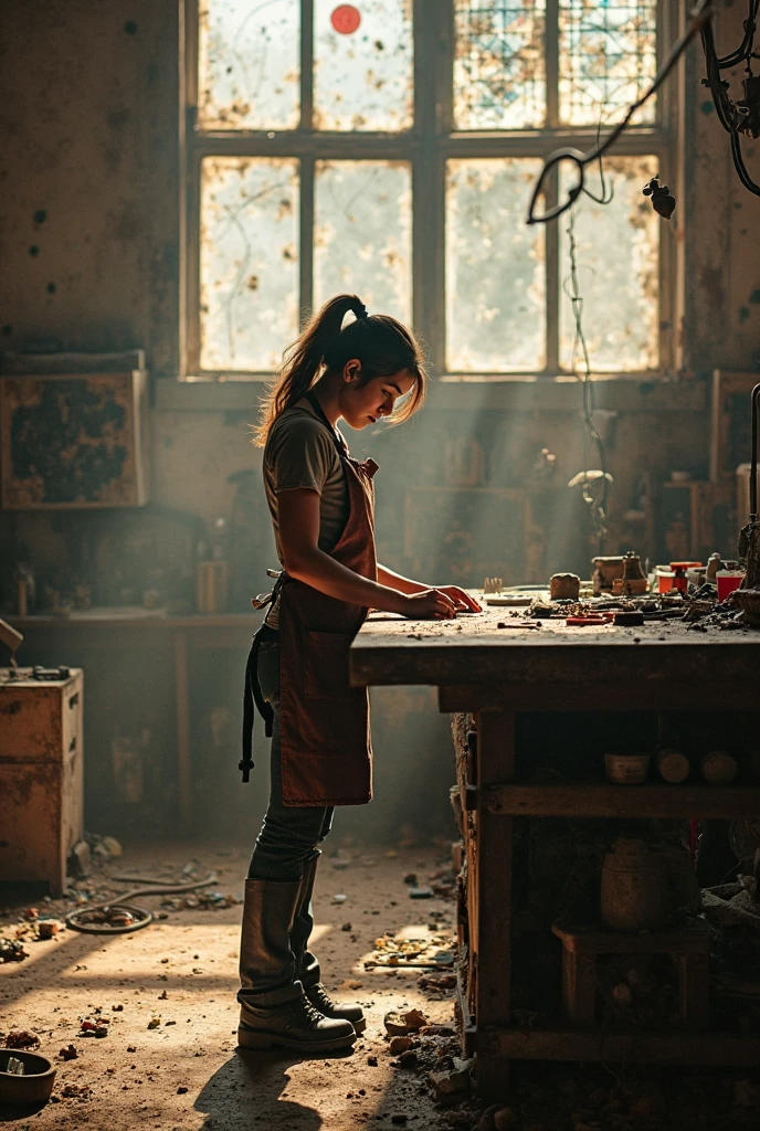 Create an image of a young artist working on a masterpiece in a cluttered, dimly lit studio. The canvas is marked with paint smudges, and the artist is in deep concentration, underscoring the idea that the path to creative success is filled with messy, imperfect moments. Cinematic Photography, soft overhead lighting, --ar 16:9 --v 5