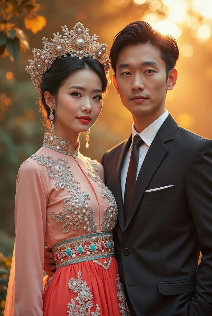 there is a man in white vest and woman red dress posing for a picture together, wedding photo, phuoc quan, lovely couple, happy couple, phong yintion j - jiang geping, hoang long ly, restored photo, ao dai, 3 5 mm portrait, do hoang tuong artwork, couple, ruan jia and fenghua zhong