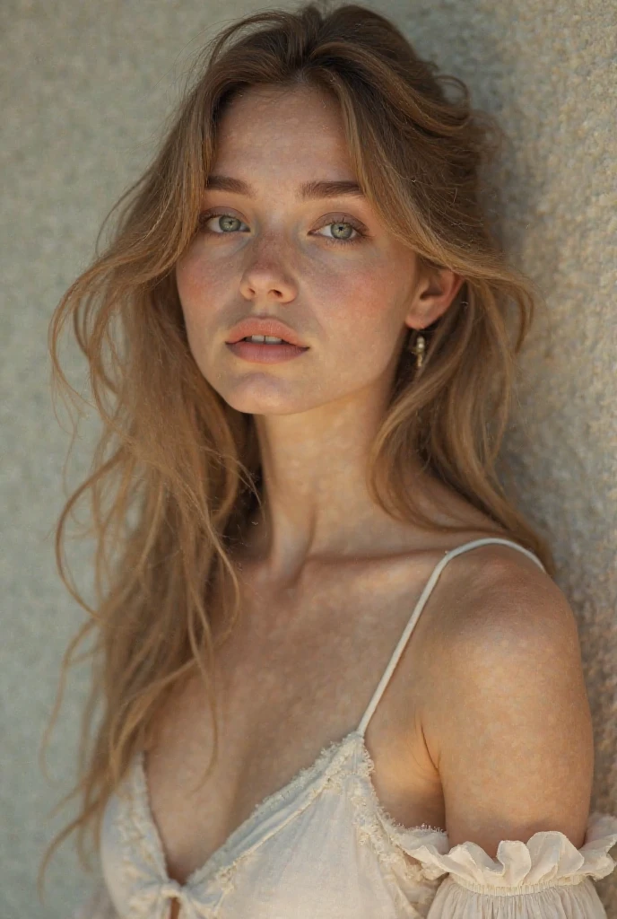 (half body portrait: 1.4), RAW uhd portrait photo of a 21-year-old swedish woman named Natasha, long blonde hair, green eyes, feminine features, dslr, ultra quality, sharp focus, tack sharp, film grain, (centered), Fujifilm XT3, detailed skin pores, oiled skin, pale, intricate eye detail, white dress