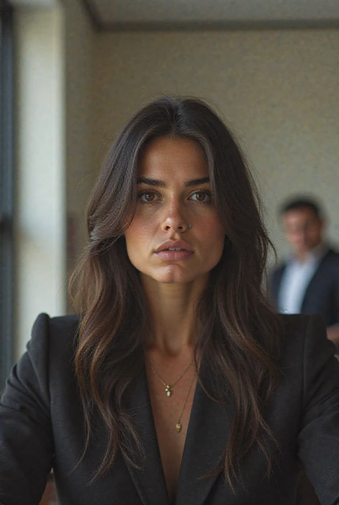 a beautiful angry woman and a man with a blurred background, cinematic, ultra realistic