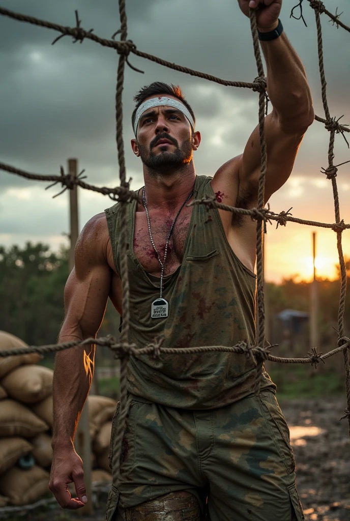 realistic photography, a very sweaty pale 48 year old man, shirtless,very manly,very pale skin, very tan skin, (big bulge:1.1),fit, brown hair , blonde hair, beard, detailed eyes,, (wet gooey translucent white substance splattered on chest):1.2), unathletic, very wide shoulders,(sexy roman gladiator outfit) :1.5,wet, ,drenched:1.5, sweaty:1.7, short hair, unathletic, roman ruins battlefield in background , smiling and sad,,sexy,full body, realistic, detailed