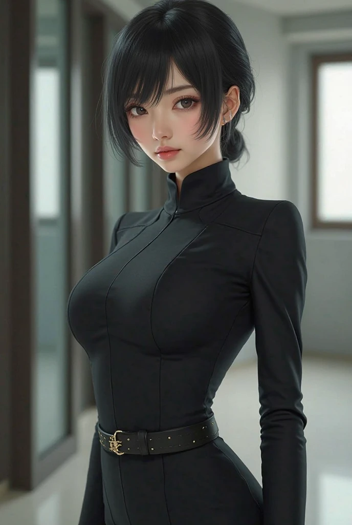 Highest quality、masterpiece、8k、Very detailed、Realistic、Looking at me with a smile、whole body、Black Hair、Small face、Slender、Big Breasts、Thin and beautiful legs、narrow and constricted waist,、Sleeveless shirt with buttons and a collar、A very long tight skirt that accentuates the shape of the buttocks、A shirt that accentuates the shape of your body、A shirt that accentuates the shape of the chest、Erect nipples、Underbust corset、All buttons on the shirt are open