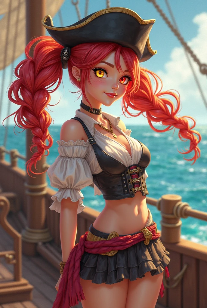 A tall girl with brown skin and orange hair in a long braid, she wears a black necklace with a pearl in the center, She has fox ears and is a pirate  