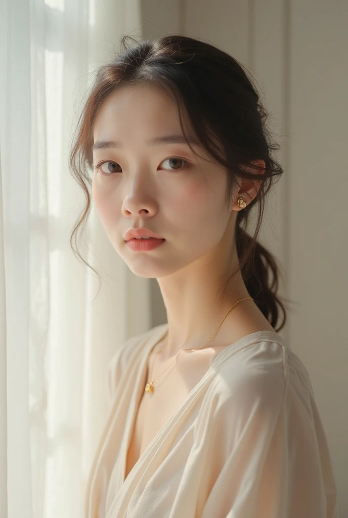 Asian women portrait photography,warm sunlight,Green plants placed beside the bed,indoor,Delicate face