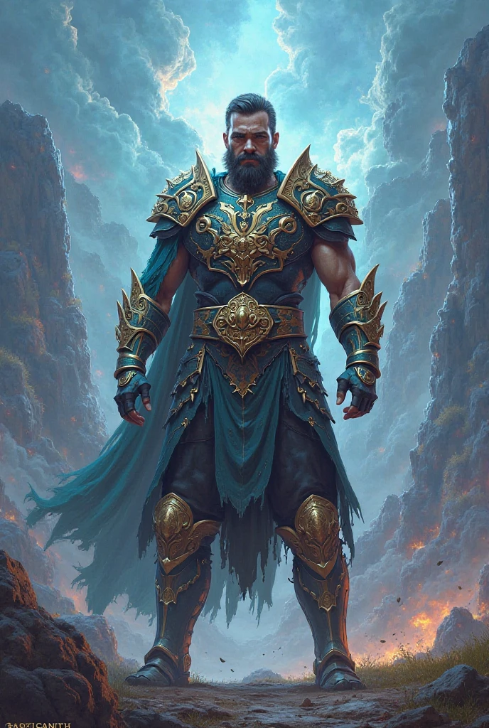 A strong male warrior with a large crystal on his chest