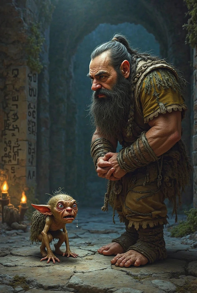 The image features a fantastical and comical scene in which a small green goblin is performing some kind of dental procedure on a huge ogre or troll.. The goblin, having a concentrated expression, is standing on a raised wooden platform, that seems fragile and rudimentary. He is holding a wooden hammer in one hand and appears to be about to strike a tool he has inserted into the ogre's mouth..
The ogre, gigantic in size compared to the goblin, He is sitting with his mouth wide open, showing its huge fangs. His expression is one of pain or discomfort as the goblin works on his mouth.. He wears a necklace made of large teeth or bones and has an earring hanging from his ear.. His skin is a light brown tone and he has a muscular appearance..
The surroundings suggest a camp or a tent, with other ogres or trolls in the background watching the scene. On the left, Giant skulls can be seen placed on wooden boxes, and the overall atmosphere is dark and rustic, with an atmosphere that mixes the grotesque with a touch of humor.
On the wooden platform where the goblin is, There is an inscription in English that says "PATIENTS SURVIVED" (Patients who survived), which adds a humorous element, suggesting that this dental procedure may not be the safest or most pleasant.