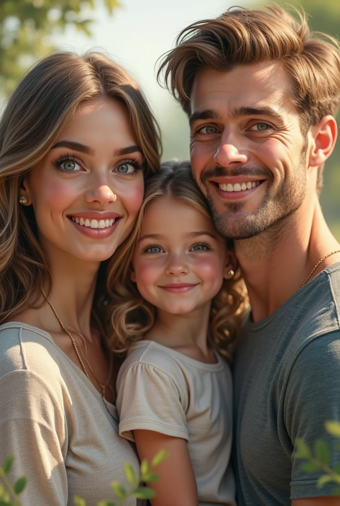 blonde child 8 year blue eyes hugging her father dark brown hair and brown eyes and her mother blonde green eyes long hair in london 8k ultra realistic photorealistic