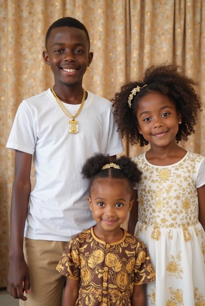 two black children, a boy and a girl. boy wears red and white clothes. Girl wears yellow and gold clothes. king and queen style. playing with colorful candies
