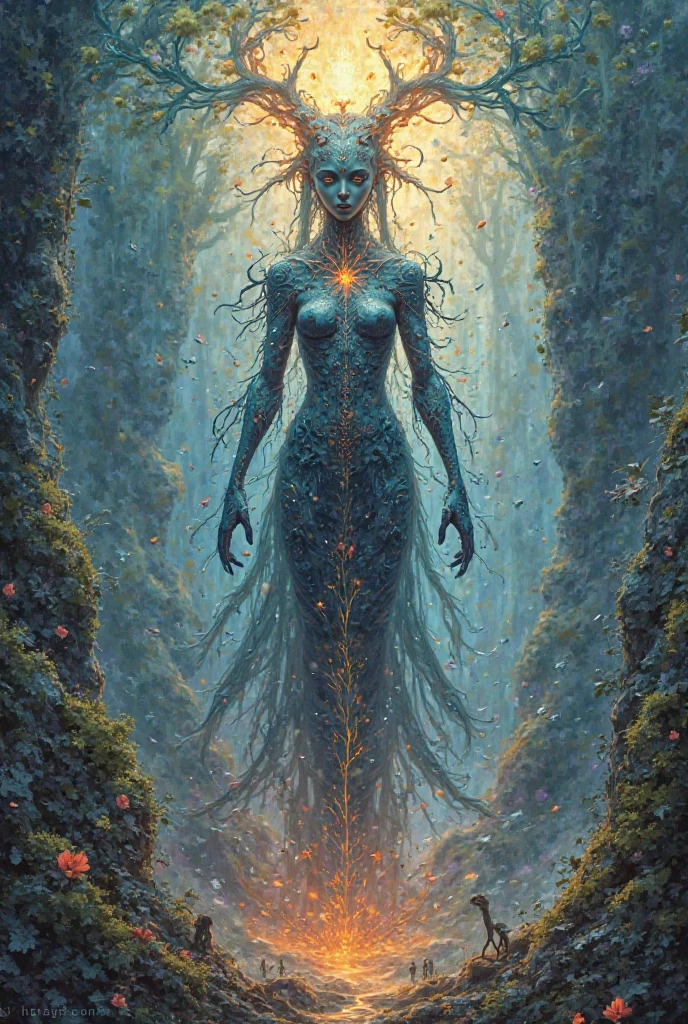 Beautiful symmetrical full body photo painted in oil with thick brushstrokes and wet paint, Fibonacci, golden ratio, melted wax, visible brushstrokes, surrounded by crystal spheres, 3D tessellation wireframe, neural graphic, neurons, tree of life, color, love, passion, oil on canvas, thick brushstrokes, insanely detailed, 8k uhd, masterpiece, artstation, surreal