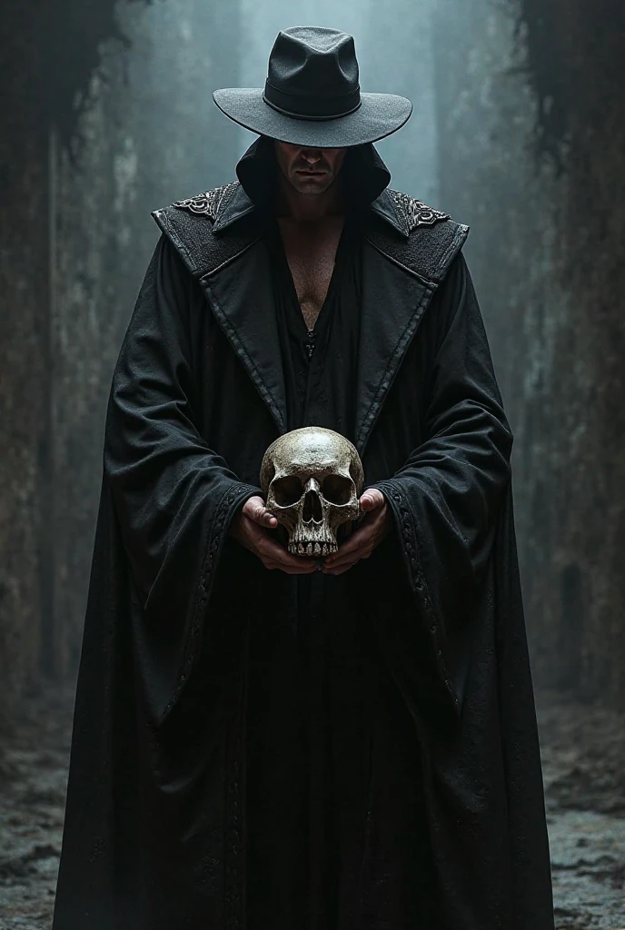 A skull with a skull face with a horn on its head facing backwards its skull torso wearing a black cape its body is all bones its hands are skulls its feet are ox legs wearing black pants and holding a bone cane in its right hand