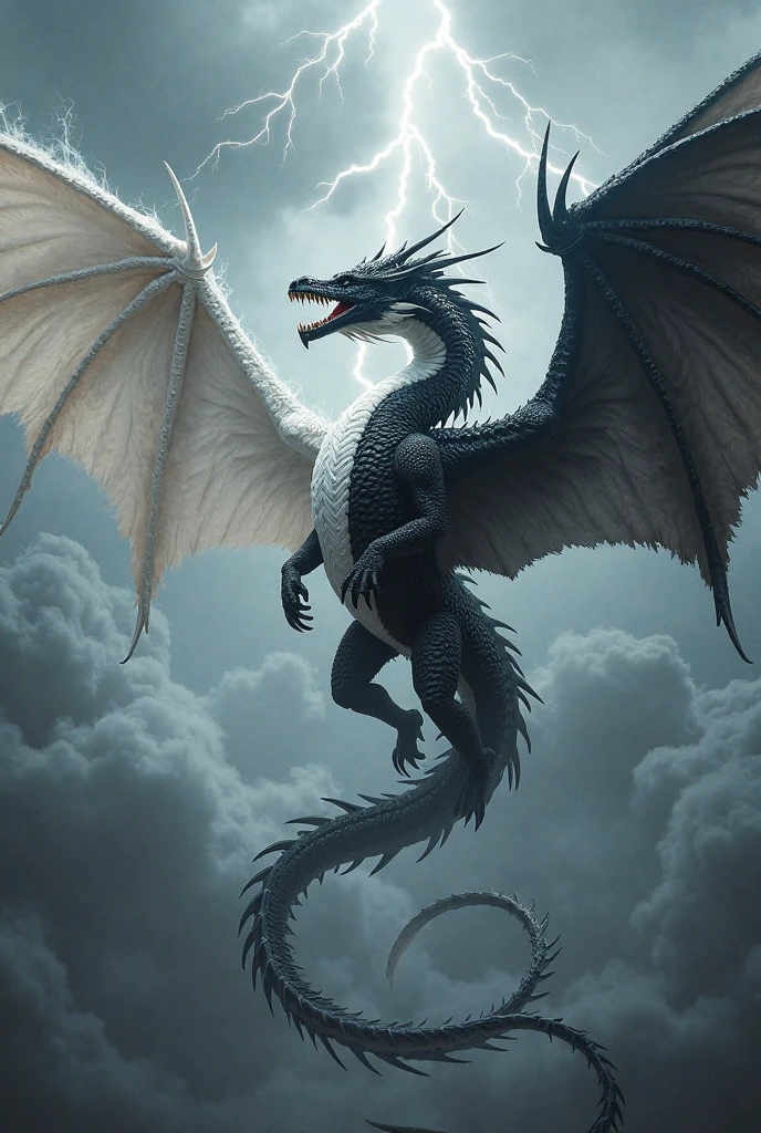 Gray dragon flying in a thunderstorm