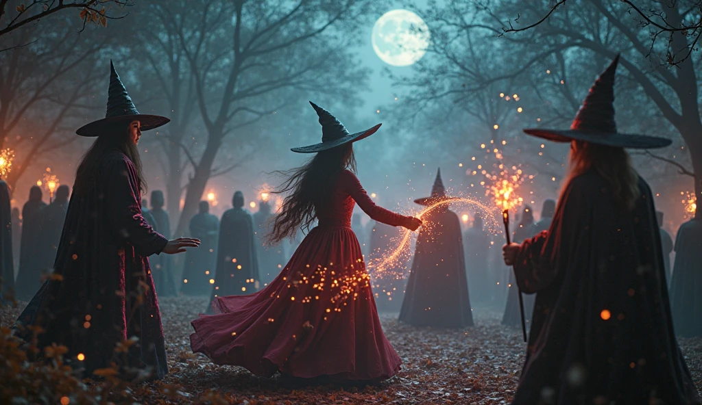 Enchanting witches dancing gracefully amidst swirling mists and glowing ethereal orbs in a moonlit clearing. (perfect face:1.6), (perfect realistic skin texture:1.5), (perfect eyes:1.5), photorealism, (sfw huge breasts:1.6)
