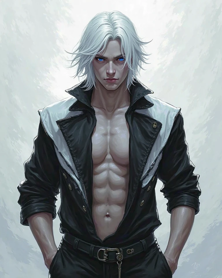 TALL YOUNG MAN, muscular, rey, White hair, black eyes, handsome,
