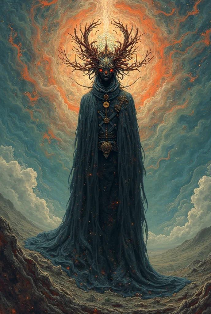 arafed image of a giant horned creature standing in a desert, metal album cover art, ghost of kiev, t-pose of male magic wizard, the father of sorrow and revenge, ominous depths, fungal god, the reach, album art cover, the orb of eternity, dark ruins