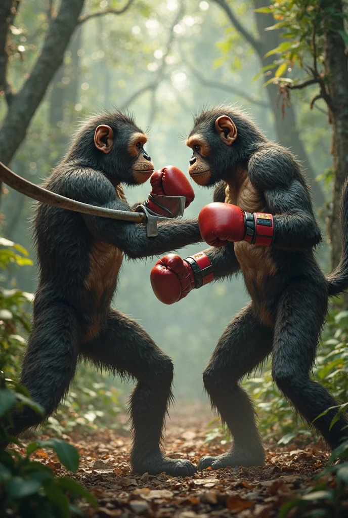 Boxing match, (2 Chimpanzees):1.505 in the ring wearing boxing gloves, full body, full posture, cruel faces, emotions of anger, grin, sweat, tension, (active punching scene):1.4035, 2 characters in total, viewers in the background, high resolution, real, detailed, Cinematic frame, Cinematic