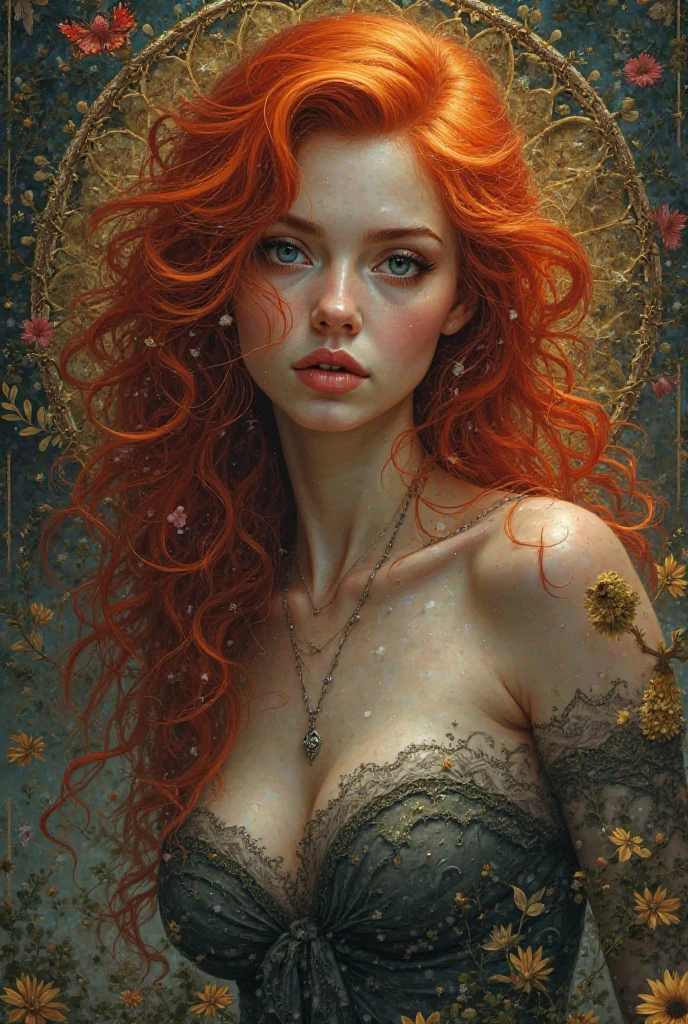 EdobHorrorLandscape, painting of a woman with flowing dark red hair, peter mohrbacher, kbak, gorgeous brown eyes, surreal, fantasy design, epic hellscape background, ample cleavage, rich brown eye color, masterpiece, semi-realistic, photo quality, high detail --ar 2:3