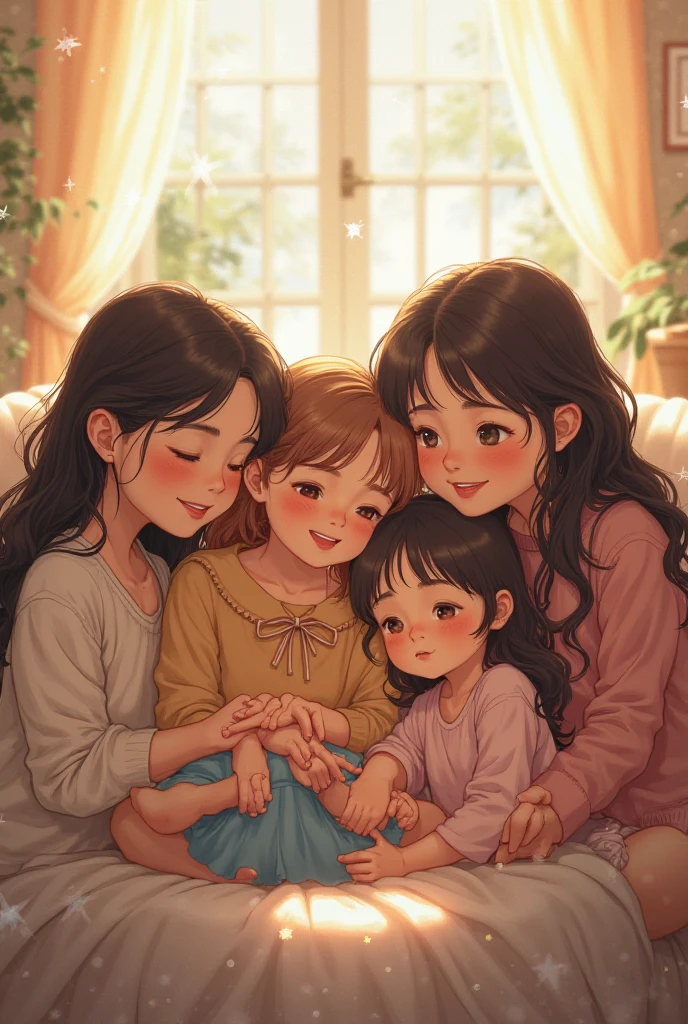 create an image in which 5 girls  which are sisters of 15to20 age love with a new born baby , one girl is wearing eye spactles and background is full of happiness