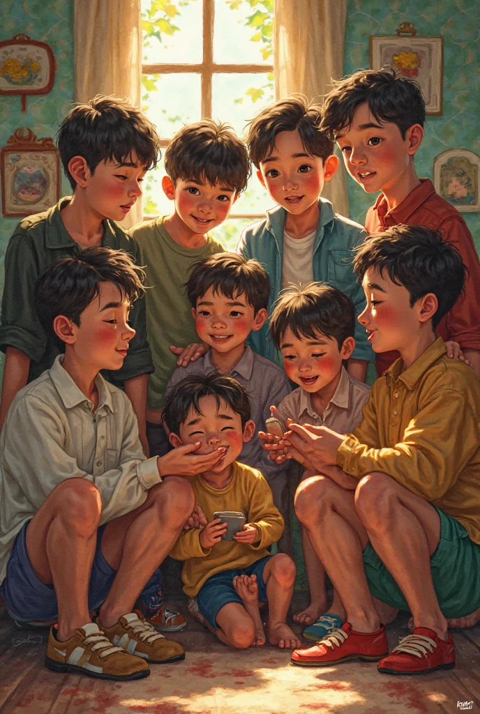 children laughing, una con un libro de cuentos, en una biblioteca