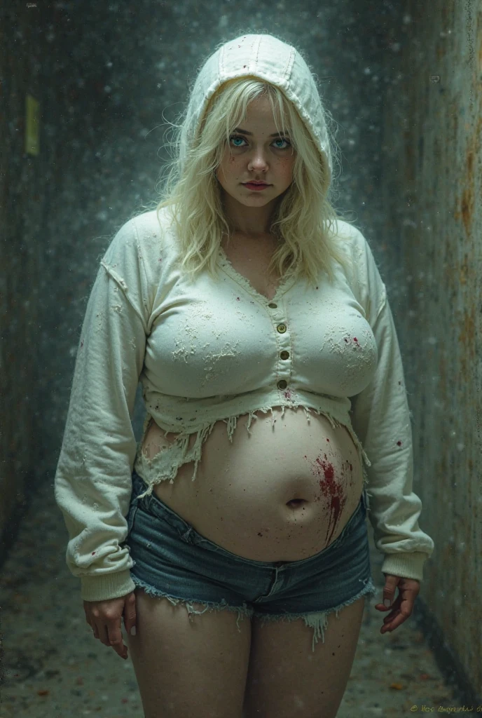 A dramatic comic book illustration of Harley Quinn, pregnant and suffering from the stomach flu, lying in her Gotham City apartment. She's holding her stomach, her face contorted with nausea and discomfort. Her maternity robe is untied, revealing her bare belly, and there are dried stains of vomit and red liquid on it. Batman stands next to her, concern written all over his face, gently touching Harley's belly to check her temperature. The background of the apartment is dimly lit, focusing on the characters' expressions and their interaction. The text "give me the baby" comes out of the joker's mouth. The illustration is drawn in the distinctive artistic style of DC Comics, with a cinematic and painted quality