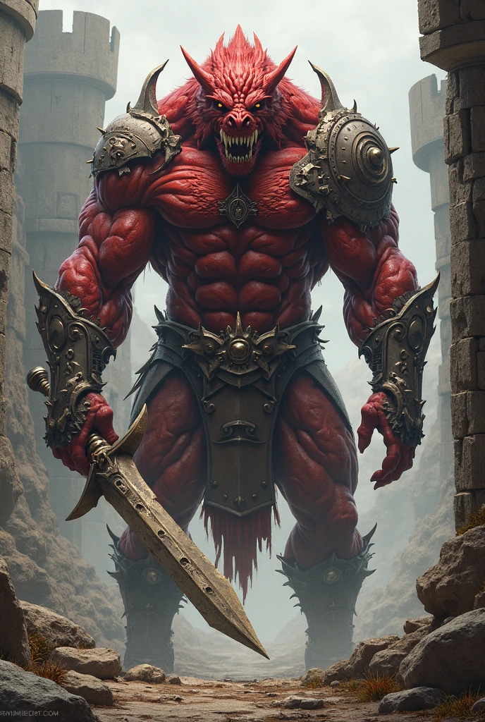This image depicts a powerful and imposing Minotaur, a mythical creature with a human-like body and a Red Spider-Man-like head. The Minotaur is extremely muscular, wearing fur clothing and heavy, ornate armor. It stands in an ancient, ruined temple, surrounded by huge stone columns and debris. The Minotaur's expression is fierce, and its posture suggests a readiness for battle or confrontation. The atmosphere is filled with a sense of mythical grandeur and danger, possibly evoking a sense of ancient Greek or fantasy-inspired imagery
