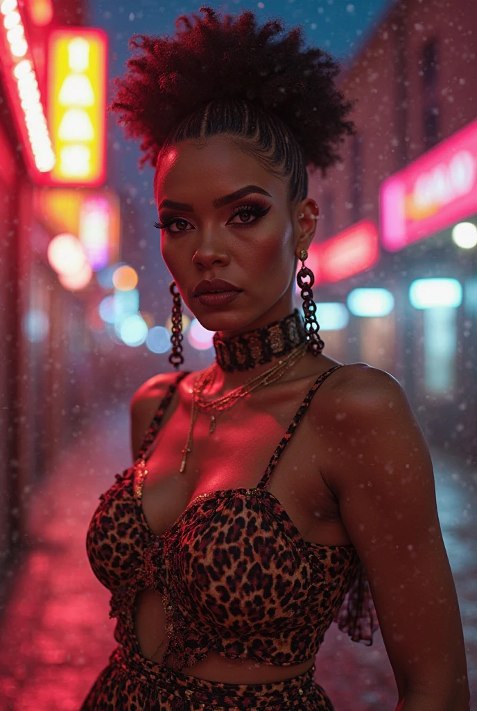 Here's the description with the emphasis on her posing for the camera:

"In a striking cyberpunk metropolis, a vivid portrait captures the woman as a stunning bionic figure, confidently posing for the camera in a bustling future marketplace, where advanced technology merges seamlessly with human creativity. She stands poised and alluring in a sleek, form-fitting outfit made of shimmering metallic fibers, enhancing her intricately designed bionic enhancements—glowing circuitry visible beneath her translucent skin, pulsing rhythmically with the neon lights surrounding her.

Her radiant skin shines under the kaleidoscope of colorful holographic displays advertising futuristic products and services, creating an electrifying backdrop that highlights her presence. Her afro hair, now interwoven with delicate filaments of light, frames her face beautifully, while she gazes directly into the lens with synthetic eyes brimming with confidence and allure.

The air is charged with the sounds of lively conversations and the whir of drones delivering goods, but in this moment, she
commands the scene, a captivating figure amid the vibrant chaos. A digital projection of upcoming tech innovations glimmers beside her, showcasing art and messages of social change that resonate deeply with her powerful presence.

(Radiant neon lighting, deep contrasts, and sharp details), 160-color support, filmed on ARRI ALEXA 65, creating an immersive experience that feels both surreal and breathtakingly real. Shot by Don McCullin, this image connects her striking bionic features, echoing those of Angelina Jolie, with the heart of a futuristic world, capturing a moment that’s as enchanting as it is transformative."

beauty, cyberpunk, bionic, futuristic, model, elegance, urban, glamour, fashion, stunning, radiant, neon, confident, striking, innovative, artistic, technological, sophisticated, captivating, immersive, gritty, cultural, portrait, beauty photography, professional model, avant-garde, urban 