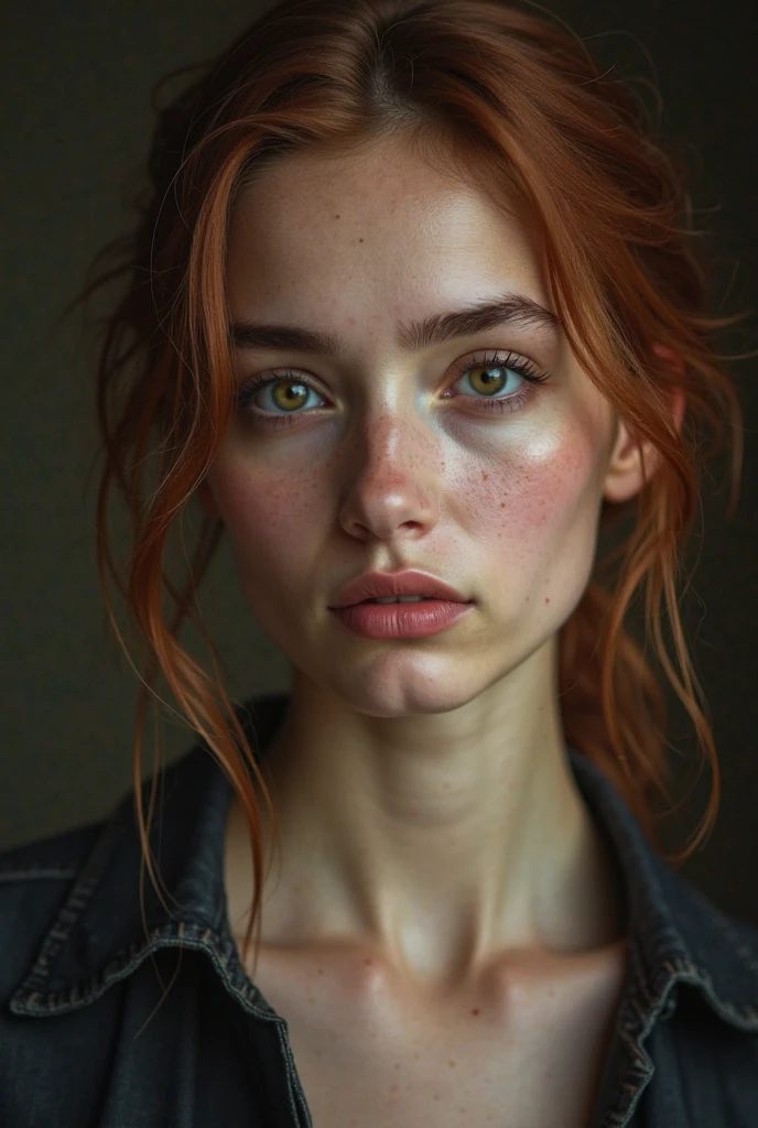 Top quality, (bright lighting: 0.7), masterpiece, big angle shot, RAW photo (pale 15-year-old Irishwoman, looking up at the viewer), cute, (undressed, disheveled, with bright red matted hair), (sitting), full-length portrait, perfect face, captivating eyes, bright details, pouting lips, (high skin detail), freckles, small breasts, (blue tint: 0.6), (dirty: 0.8), (bloody: 0.7), Key lighting, (backlight: 0.5), medium depth of field, Canon 5D, 50mm lens, f/4 aperture, (ultra-detailed, complex detail), sharp focus, soft colors, 8k, absurd, 8mm film grain, war photography,flirting with camera