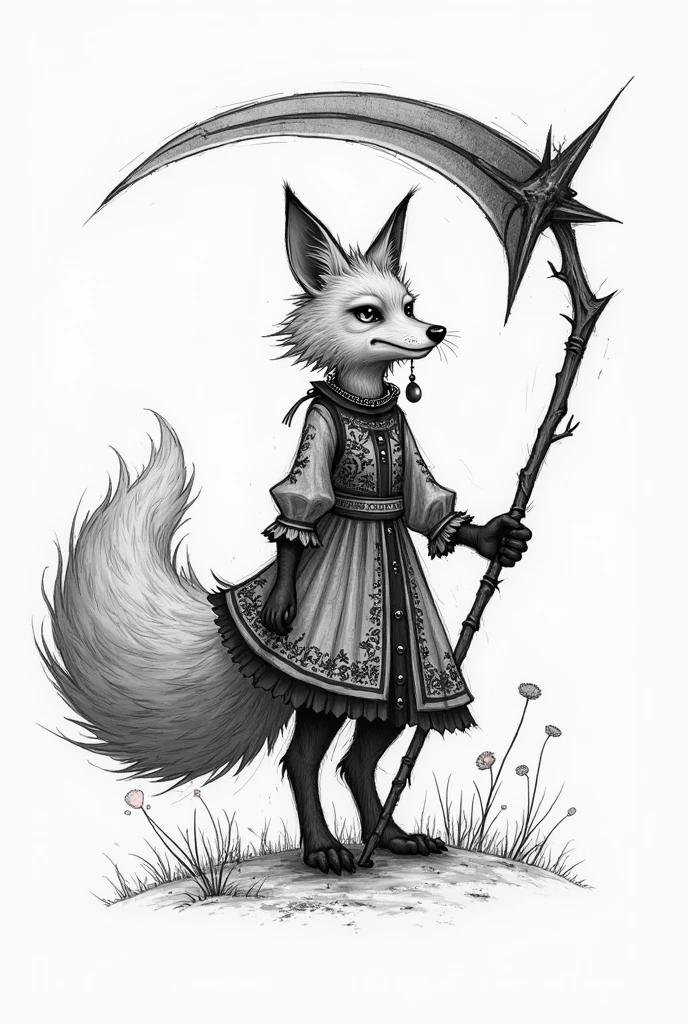 Black and white sketch of a fox with a long tail, who swings a scythe in her paw, dressed in a Ukrainian-style dress, and there are round earrings in your ears