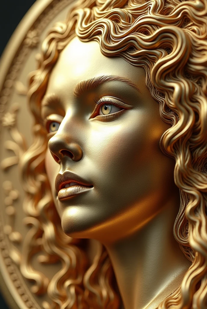 Modeled after the Greek goddess Nike 、4K、 Realistic bust sculpture、Gold sculpture、From the shoulders up、背景はuniverse、universe、顔はfrontを向いている、顔はfront、front、Staring at me