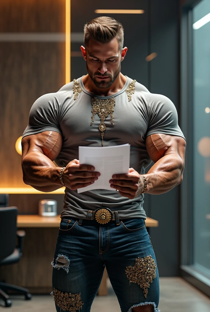 full_beard_dom_santiago, warehouse (white t-shirt, jeans), sitting on box, looking at viewer, indoor (muscular:1.1, big muscle:1.1), crossed arms <lora:Bearded_Dom_Santiago:0.85>