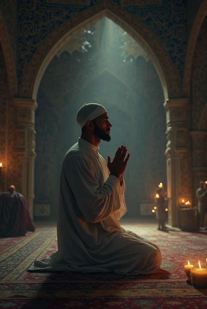 "A high-resolution, lifelike image of a young bald man with a masculine build, wearing a taqiyah, performing a prayer to Allah in the interior of a mosque in America."