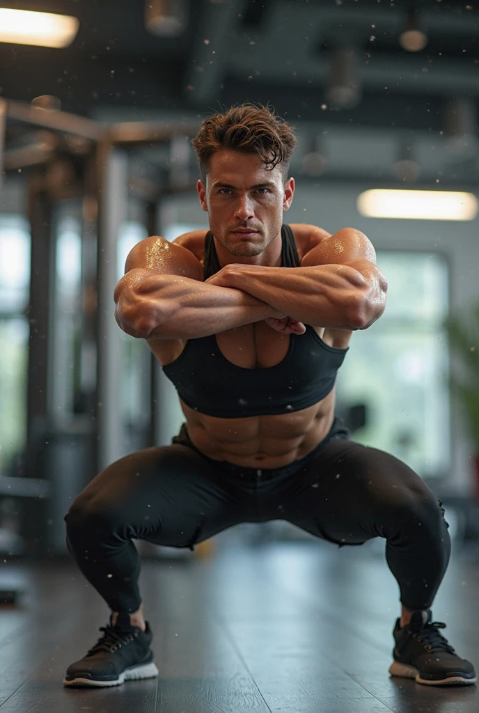 Massive Bodybuilder white european teenager with black Emo-style hair, shirtless, wearing only tight black leather breeches and tight tall black leather boots and black leather workout gloves. He lies on a weight bench pressing 500 lbs at gym