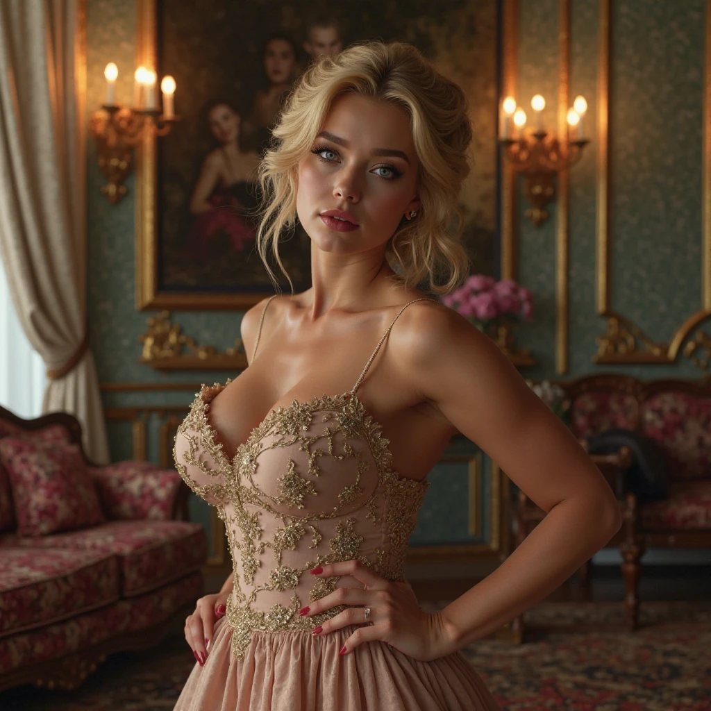 Realistic photo, A realistic photo of a 21-year-old girl, with blonde hair, (extremely detailed CG Unity 8K wallpaper), photo of the most beautiful artwork in the world, Professional Majestic (Photography by Steve McCurry), 8K UHD, DSLR, soft lighting, high quality, filmgrain, Fujifilm XT3 sharp focus, f 5.6, high details, sharp focus, dramatic, (viewer facing: 1.2) , (detailed pupils: 1.3), (natural lighting), huge bust, dominant, strict look, perfect teeth. Location - an opulent ballroom or Venetian-style setting; Attire - an exquisite masquerade gown, posing against elegant architecture or dancing amidst shimmering lights and draped fabrics, capturing an air of mystery and allure. Blurred background, topless