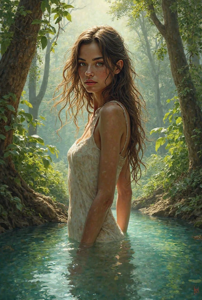 A girl, 18 years, with light brown hair above her shoulders and blue eyes. In the water, ????? ?????. body under water. The girl is in a stream in the forest with some ruins of the Sacred Garden.