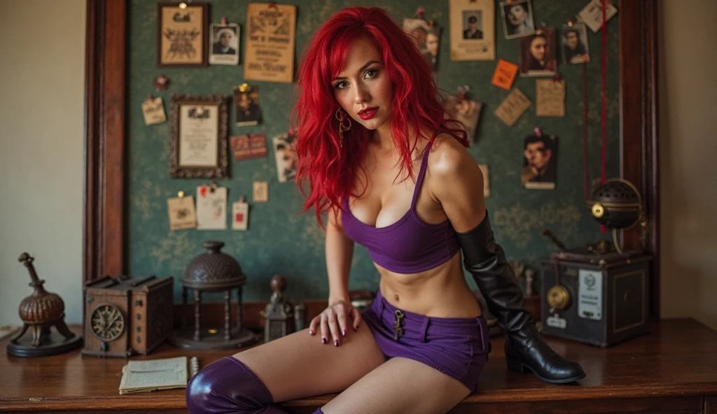 high angle photo of a gorgeous 31 year old woman, milf, healthy skinny,short, small, realistic skin texture, looks up, big smile, big lips, little noose, sexy (red little bikini), (red hair with blue mops), blue hair mops, little boops, small boops,flexy boops, small tits,skinny, posing in the palace, smoky background, 1 / 3 body crop, 21 5 mm art lens, f 1. 1, sharp focus, 8 k high definition, insanely detailed, intricate, elegant, photorealistic, real life, big shoulder, little neck, long lash, full lips, big lower lip, pink lips