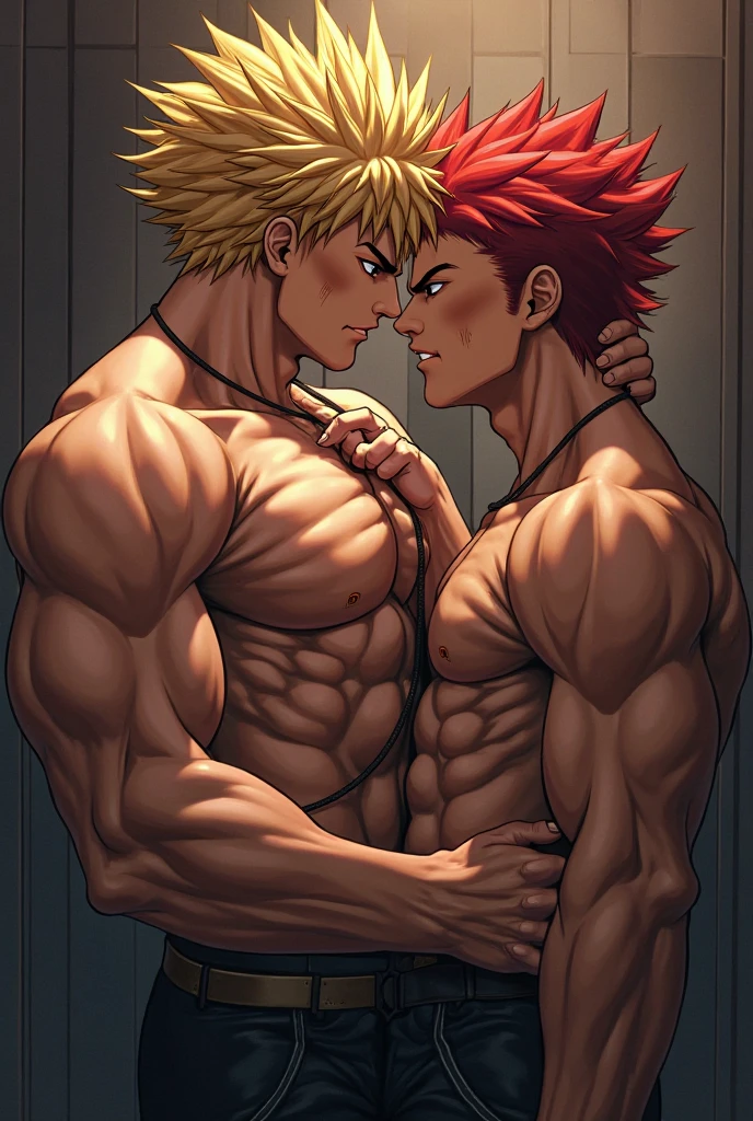 2boys kissing, (Natsu Dragneel) and (Gray Fullbuster), masterpiece, best quality, shirtless slim lean  boys young adults in a shower with steam. The men are muscular lean slim and well built, with shiny bodies and defined muscles. The men are wearing pants which have intricate motifs. The men are wearing a necklace, and dripping wet and soggy in a shower. sexy expression. ((Handsome face:1.2)), sexual tension in the air,