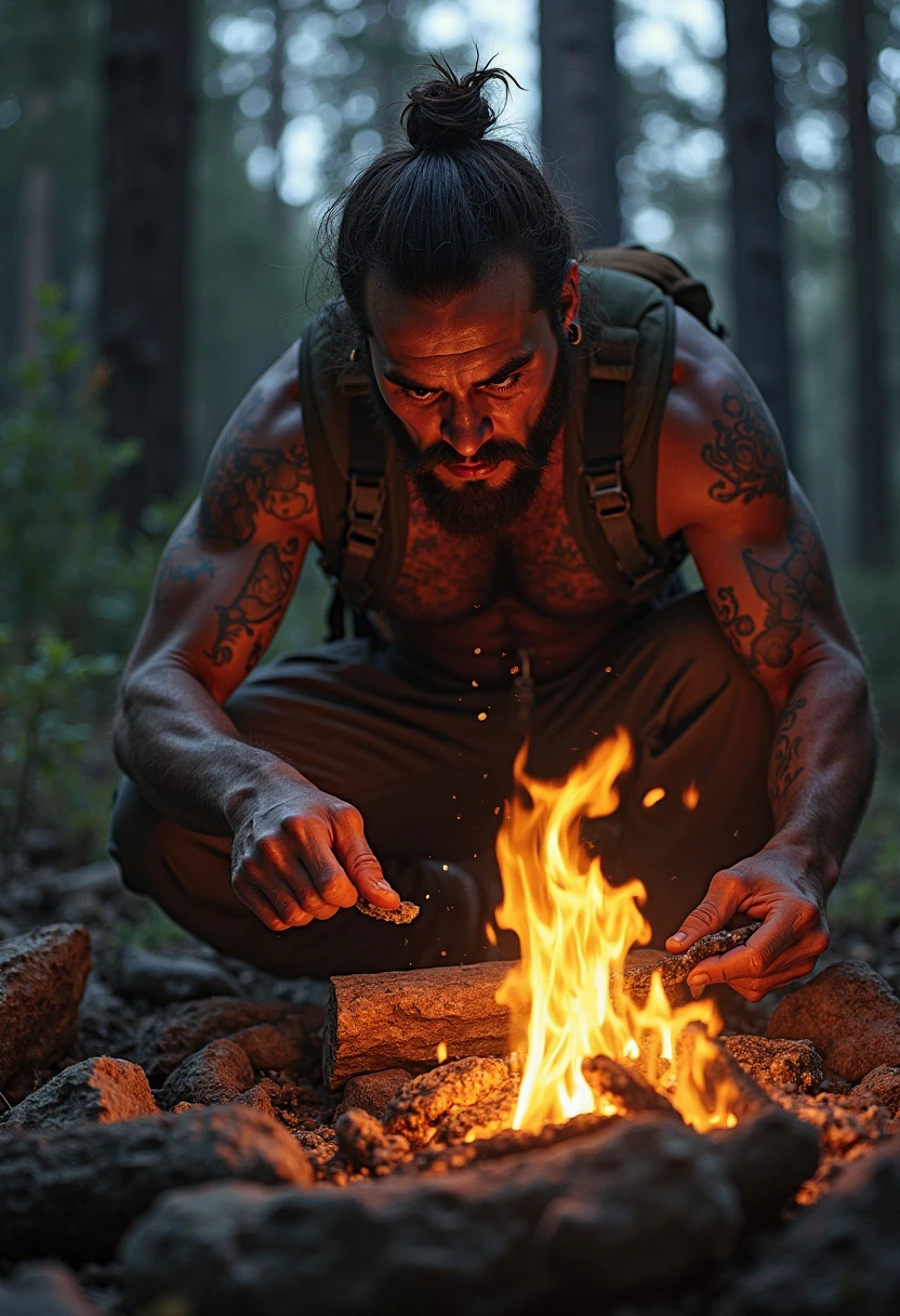masterpiece, best quality, 1 man, red hair, red eyes, forked hair, short hair, long bangs, handsome, handsome, masculine, gentle, tall, quiet, abs. Upper body bare skin. Sunset beach. Bonfire. Camp. Survival. Shorts. Camping rice. Camping. Bonfire. Campfire. Grill the fish on the bonfire. Japanese.