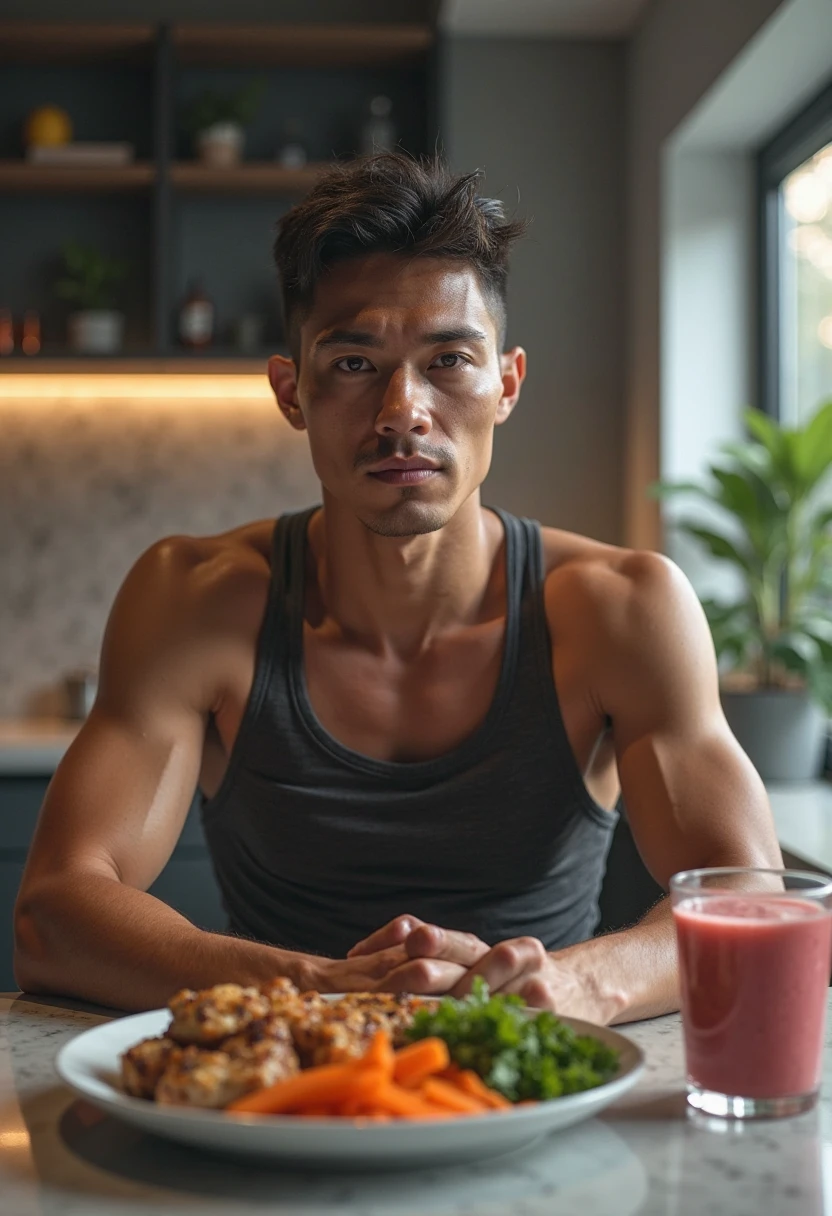 asian model man, shooting, eating keto food and looks very healthy, delivery food, the guy looks like mongolian man, loosing weight, detox juice