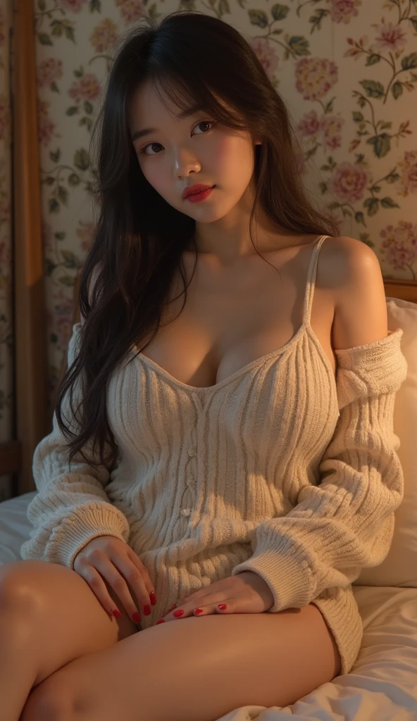 towards the camera，put a face to the viewer，stand on all fours，High image quality，works of masters，daughter，black hair，long hair shawl，long hair flowing over shoulders，cropped shoulder，clavicle，exquisite face，moist red lips，fancy dress，clavicle，towards the camera，Single photo，hosiery，sad expression，bust，real person，（ocean，sandy beach），CG rendering，16,000，lying in bed，Put your hands behind your head.，look into the camera，The night scenery was beautiful, farewell，hyper hd，The details were perfect，the picture is real，Extreme picture quality，Highest accuracy，8K 해상도，shade of darkness，8K, yes ,Ultra HD,8K