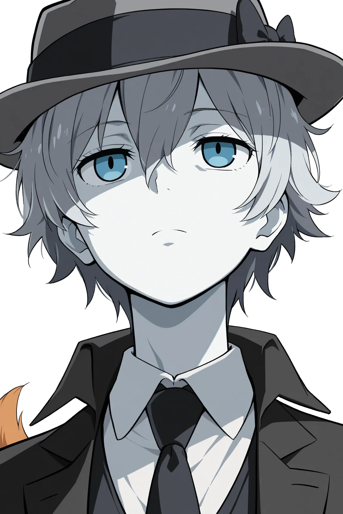 only ((gentleman)), masterpiece, best quality, ((only gentleman)), anime style, standard, white skin, break having orange blond short hair man, Sharp Hair, break black Tailcoat, white collared shirt, white background, blue eyes, I々I have,((small eyes,)) , ((is a black little fedora)),break (((Gray Hair))), ((Low dog ears)), Towering, black tie, Focus Face, has a long dog tail, Top corner, Butler