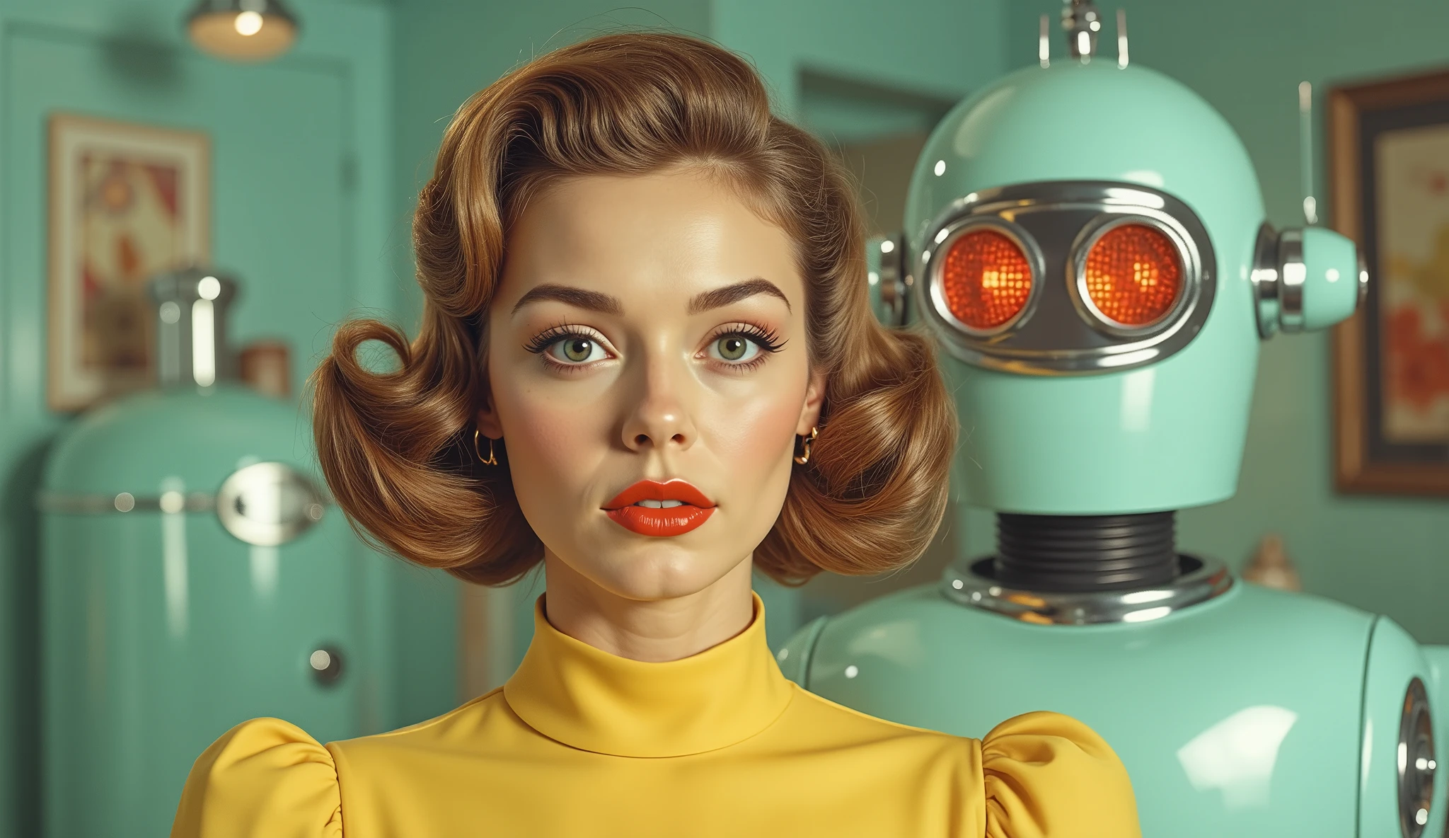 Close-up, mid-20th-century styled portrait of a woman and a robot.  A young, light-skinned woman, 20s, with a classic 1950s-inspired bob hairstyle, wears a vibrant canary yellow, form-fitting, vinyl-like top with puffed sleeves.  Her expression is serene and slightly pensive, with full lips and defined eye makeup. The woman's pose is relaxed, yet deliberate, standing in front of a futuristic-looking robot. The robot, a light teal color, has large, bright red eyes, and is portrayed with sharp angles and chrome-like metallic accents.  The scene is set in a stylized, retro-futuristic environment; pale turquoise walls, pastel-colored retro appliances, and rounded forms create a vintage sci-fi atmosphere.  The lighting is soft, emphasizing the curves of the subjects and the glossy surfaces. The composition is balanced, with the woman positioned slightly off-center, drawing the viewer's attention.  Soft focus creates a painterly effect. The overall mood is nostalgic and hopeful, with a hint of mystery. Art Deco style, combined with a vintage sci-fi aesthetic.  A cool tone is created by the use of soft lighting and muted colors.  The image conveys a sense of optimism and wonder.