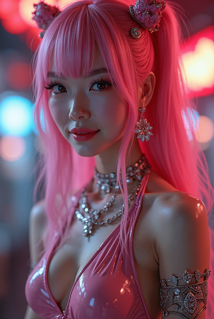 a woman, long curly hair, blue eyes, pink hair, behind a car, car, city background, sensual woman, Eleven, vibrant colors, neon colors, Night, Low-cut clothes, highlighted eyes, Sensual pose, sensual, elf woman, elf