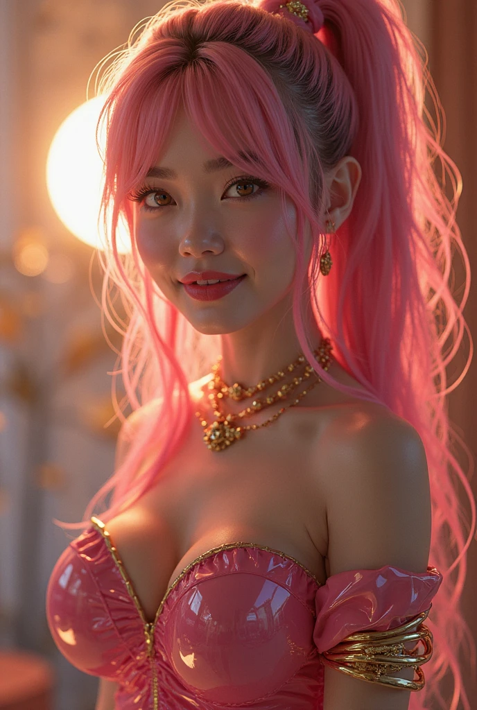 (best quality, ultra-detailed, photorealistic: 1.39), bright and vibrant colors, studio lighting, romantic kawaii expression, cute delicate smile, kawaii makeup, 17-year-old e-girl, short red dress, platinum braided and curl white hair, cat ears, big breasts, fit, long wavy hair, mercenary, Mary R.